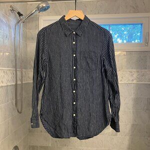 LLB Women's Premium Washable Linen Button Up Shirt in Vintage Indigo Navy Stripe